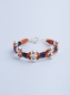 Preview: Super leichtes Statement Armband mit Sterling Silber Kugeln in 8 mm, rostfarbenem Satinband und feinem Makramee in dunkel Blau.