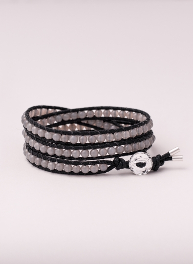 Dreifach Wickelarmband mit Halbedelstein Achat und schwarzem Band, mit Kristallknopf und Endkappen aus 925 Sterling Silber