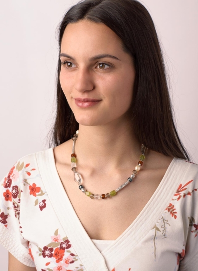 Preview: Mehrfarbige Kette aus Edelsteinen, Muranoglas und Silber