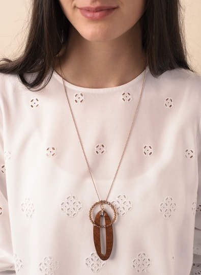 Kette mit Holzelement, Kristallring und Amethyst Kugel an rosé vergoldeter Kugelkette in 60 cm Länge.