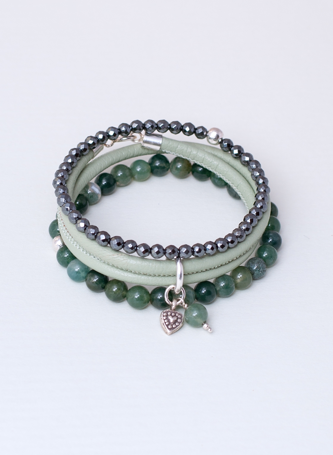 Armbandset aus hochwertigem Nappaleder,  Moosachat, Hämatit und 925 Sterling Silber