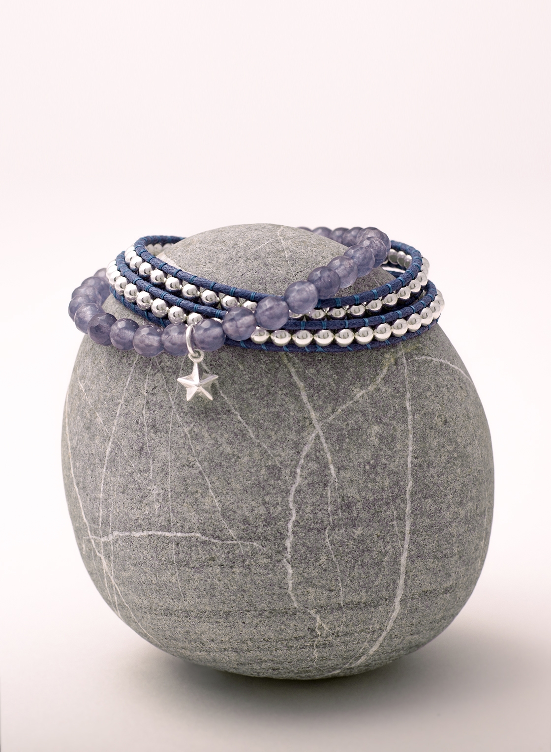 Armbandset in Blautönen und 925 Sterling Silber, zweifach Wickelarmband und Achatarmband mit Sternanhänger auf Elastikband