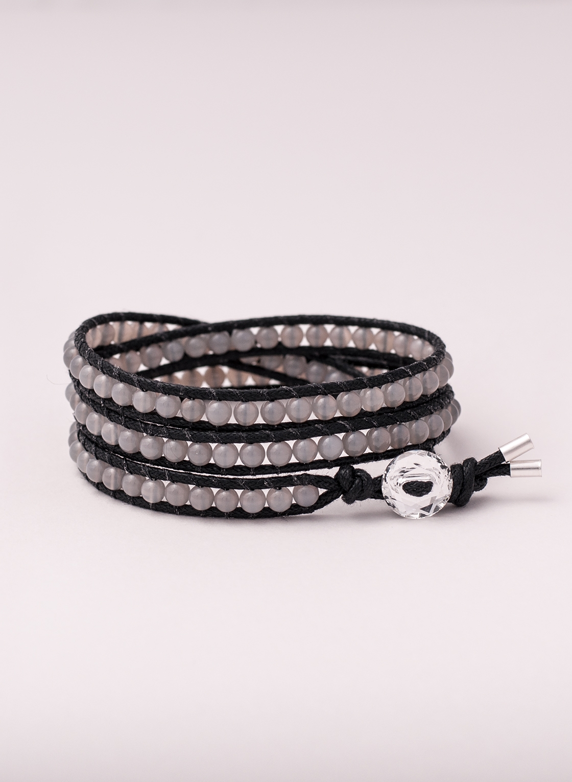 Dreifach Wickelarmband mit Halbedelstein Achat und schwarzem Band, mit Kristallknopf und Endkappen aus 925 Sterling Silber