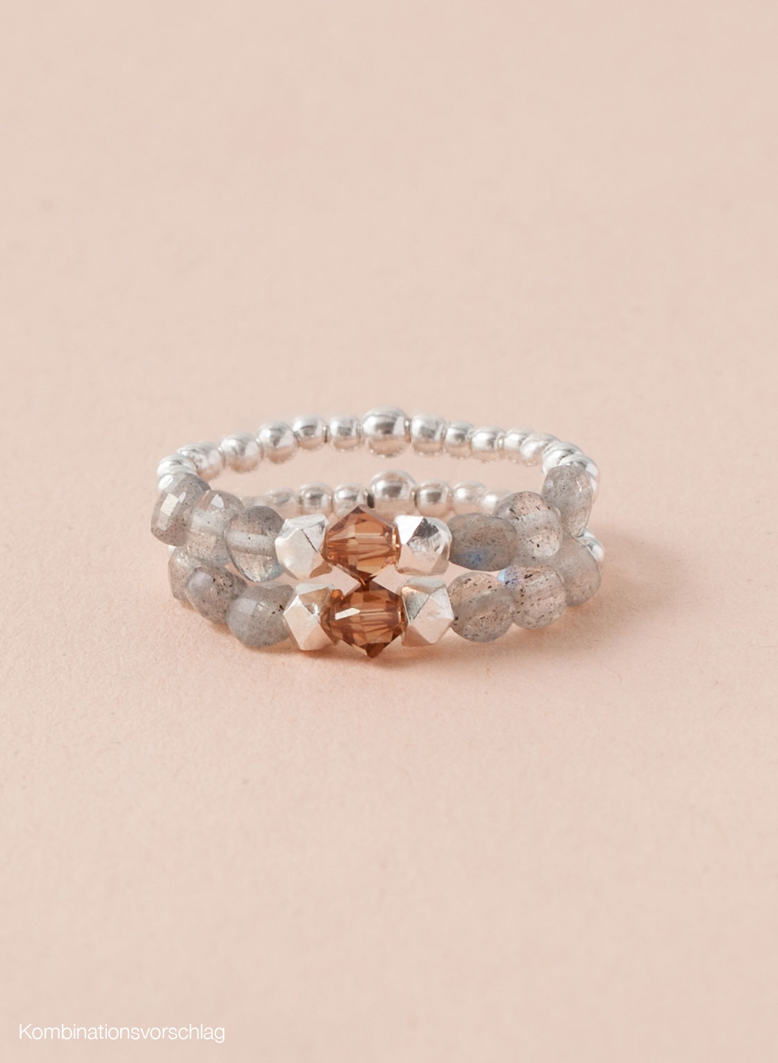 Zwei elastische Ringe in Sterling Silber, Labradorit und Kristallelement als Set kombiniert